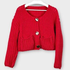 Hand Knit Cropped Large Button Cardigan Red